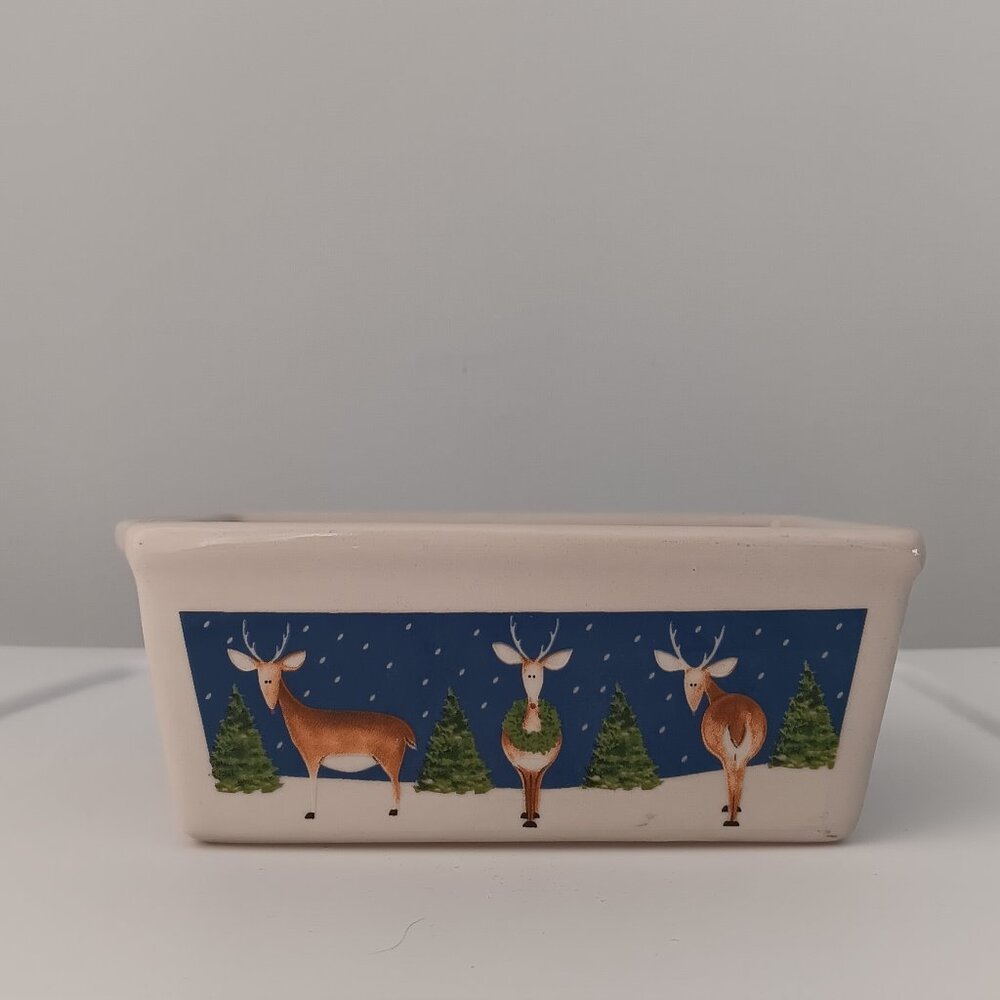Nantucket Mini Bread Loaf Pan Ceramic Baking Christmas Reindeer White Blue Gifts